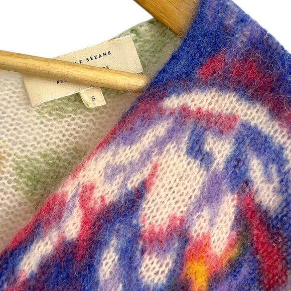 Sezane Teresa Cardigan Sweater Size S Cream Floral Reversible Kid Mohair Wool - Picture 4 of 9